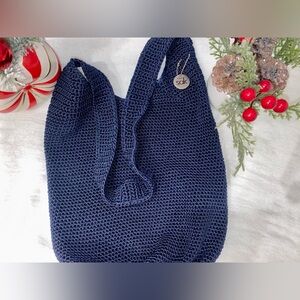The Sak Original Crochet Knit Hobo Bag Unlined in Navy Blue, excellent condition